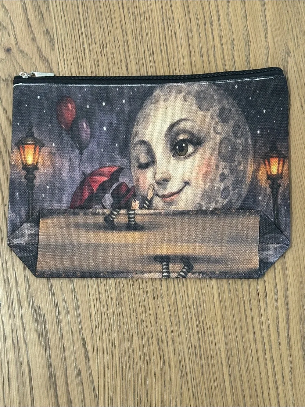Whimsical Moon Face Printed Zip Pouch - Black & Red